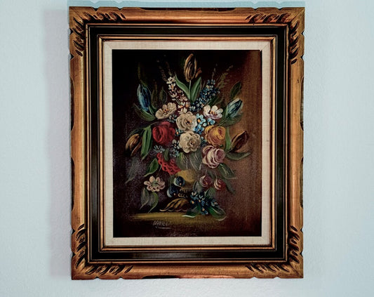Vintage Oil Painting Dark Still Life Flowers